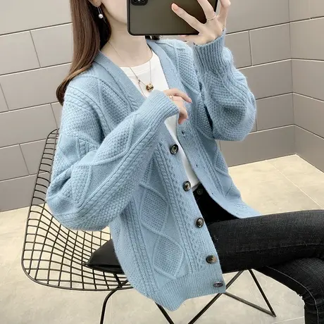 秋装女2023年新款V领宽松针织开衫长袖外套韩系爆款上衣百搭毛衣商品大图