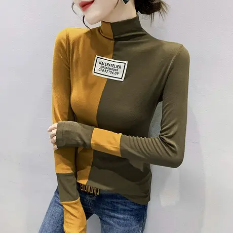 半高领打底衫女春秋2023新款内搭加厚上衣时尚撞色修身T恤长袖潮商品大图