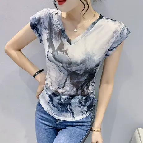性感V领网纱短袖T恤女夏季2023新款设计感水墨画打底衫修身上衣潮商品大图