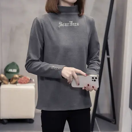 2023新款德绒打底衫女大码胖mm秋冬洋气甜辣上衣时尚加绒长袖t恤商品大图