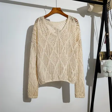 长袖镂空针织衫女夏季2023新款韩版宽松套头吊带裙子外搭上衣罩衫商品大图