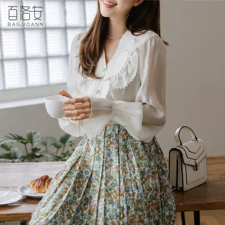 百洛安V领衬衫女设计感拼接上衣春季新款时尚喇叭袖宽松百搭衬衣图片