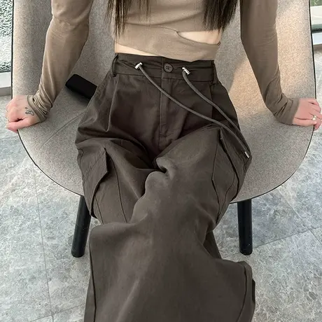 咖色工装裤女2023新款高腰美式裤子秋冬休闲宽松显瘦束脚阔腿裤潮商品大图