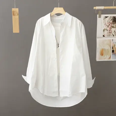 前短后长休闲白色衬衫女长袖中长款春秋季宽松衬衣式外套开衫上衣商品大图