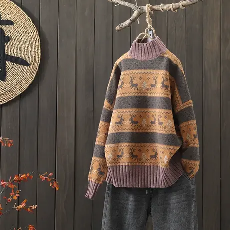 枫谜20年冬季文艺简约圣诞小鹿加厚毛衣女保暖半高领针织套头上衣图片