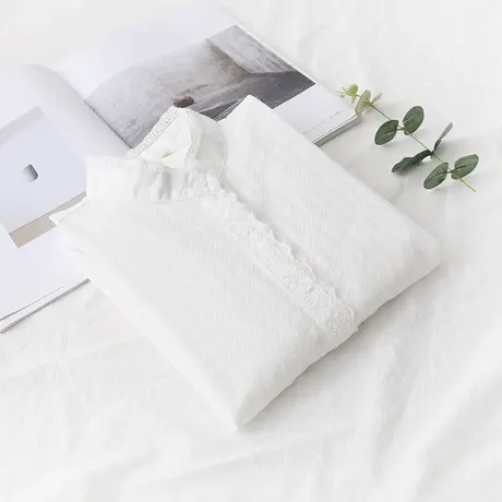 早秋新款日系文艺小清新蕾丝边纯棉长袖衬衫女纯色休闲打底棉衬衣图片