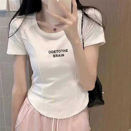 韩系不规则鱼骨纹小众短袖t恤女2023年夏季纯棉短款正肩绝美上衣图片