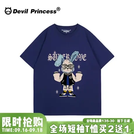 hiphop嘻哈风藏蓝色短袖女t恤宽松大版无性别穿搭小众卡通上衣夏商品大图