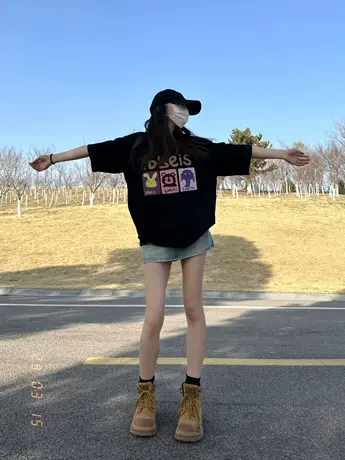 黑色纯棉短袖t恤女美式复古夏季2023新款宽松显瘦半袖上衣设计感商品大图