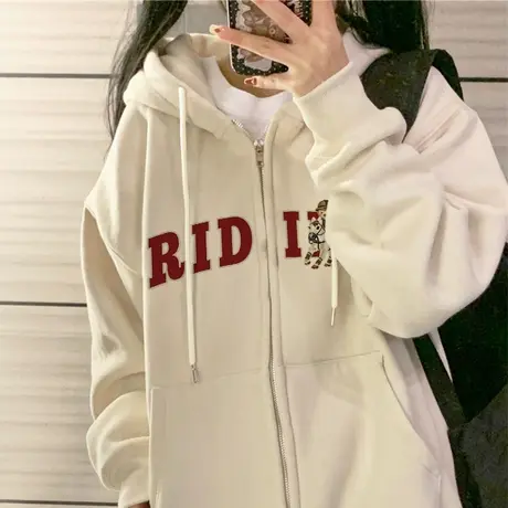 加绒开衫卫衣女秋冬2022新款外套连帽宽松设计感慵懒港风chic上衣图片