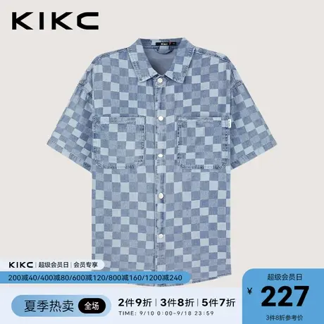 kikc牛仔衬衫男2023春夏新款商场同款棋盘格印花美式复古短袖上衣图片