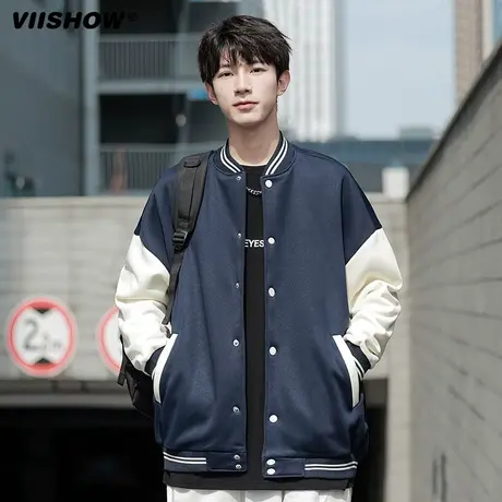 VIISHOW棒球服夹克男加绒简约撞色拼接潮牌宽松bf风休闲日系外套商品大图