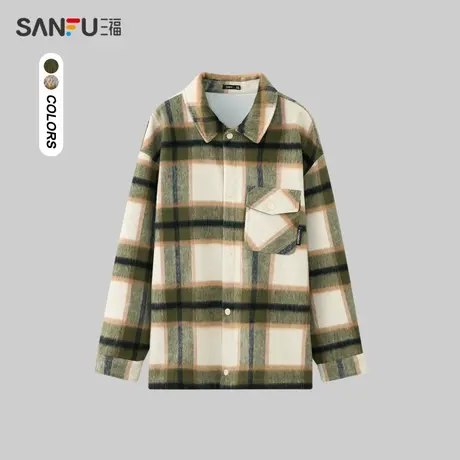 三福2023冬男士毛呢格大格纹长衬衫 时尚宽松翻领上衣男476239商品大图
