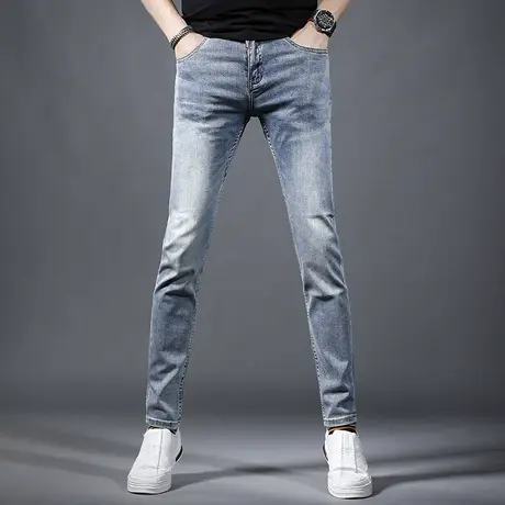夏季牛仔裤男2023新款蓝色修身小脚弹力男士休闲潮流简约裤子薄款商品大图