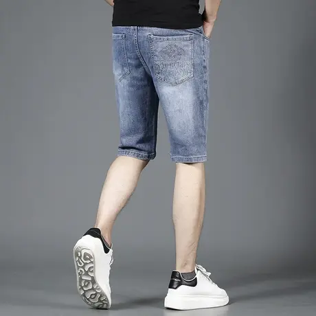 蓝色牛仔短裤男夏季薄款2023新款弹力潮牌印花男士短裤中裤五分裤商品大图