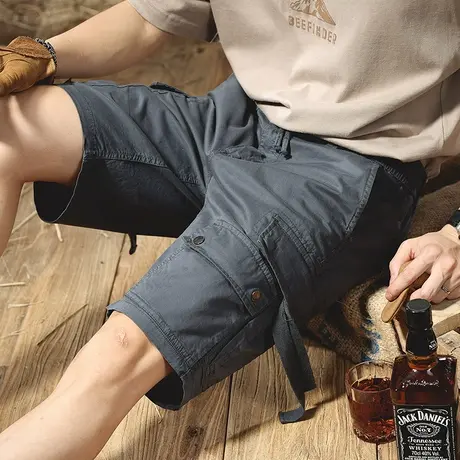 美式抽绳松紧腰复古青年工装短裤男潮牌男士拉链大口袋休闲五分裤商品大图