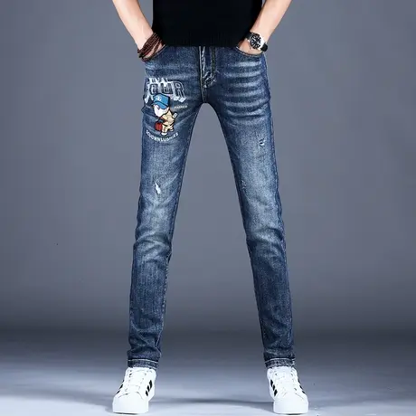 男士破洞牛仔裤2023新款男韩版男款裤子百搭休闲弹力修身小脚印花图片