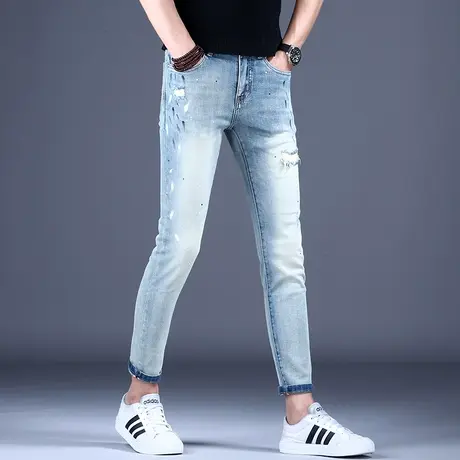 涂鸦破洞九分牛仔裤男款秋款潮流花裤子2023新款休闲男裤高端潮牌商品大图