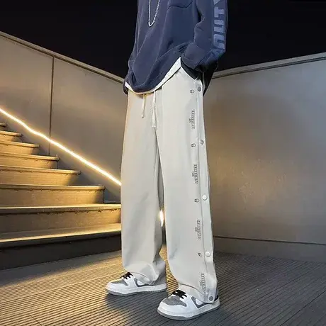 高中生裤子男款潮牌排扣裤男篮球全开扣高街直筒休闲长裤男生夏季图片