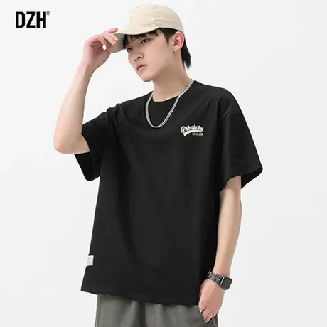 男士黑色纯棉男t恤短袖夏季宽松圆领印花半袖上衣服2023新款夏装商品大图