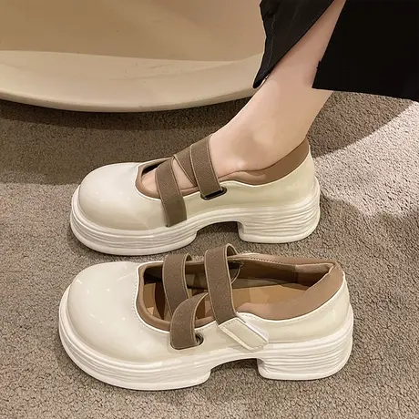 法式玛丽珍小皮鞋女春季2023新款英伦风松糕厚底浅口粗跟乐福单鞋商品大图