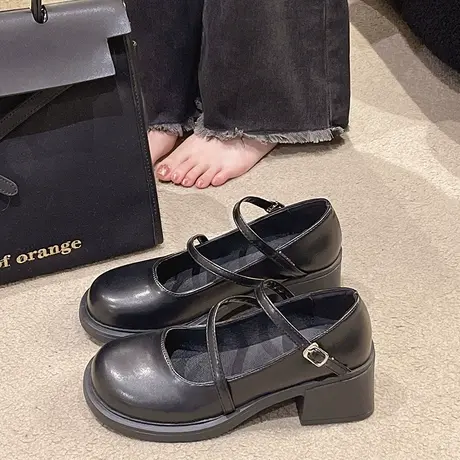 黑色法式粗跟玛丽珍高跟鞋女仙女晚晚鞋春夏浅口单鞋配裙子小皮鞋图片