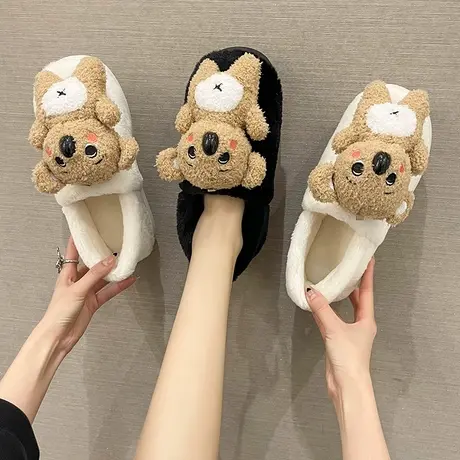 可爱小熊毛绒公仔包跟棉拖鞋女秋冬季居家用室内保暖防滑月子棉鞋商品大图