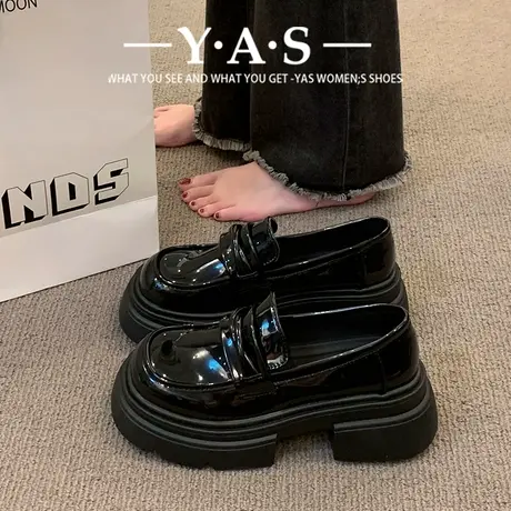 厚底粗跟英伦风小皮鞋女2024新款春季一脚蹬女鞋单鞋黑色乐福鞋潮商品大图