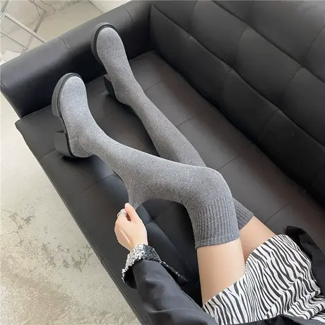 过膝长靴女2024秋季新款黑色袜子鞋粗跟弹力袜靴瘦瘦针织长筒靴子图片