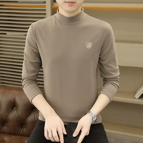 男士半高领德绒保暖内衣上衣个性潮流长袖T恤衫双面绒男装打底衫商品大图