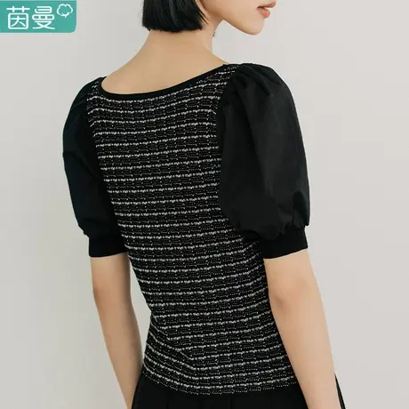 茵曼旗舰店复古文艺泡泡袖衬衫女方领2023年夏季新款优雅短袖衬衣图片