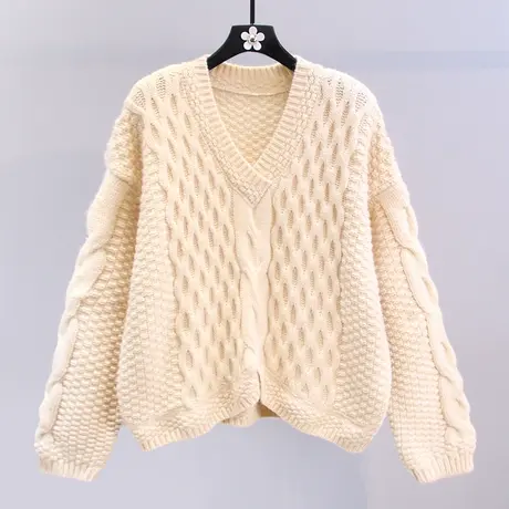 慵懒风V领短款麻花毛衣女秋冬2023新款韩版宽松外穿洋气针织上衣图片