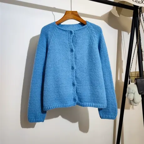 2023秋冬新款针织开衫女韩版宽松圆领显瘦多巴胺穿搭纯色毛衣外套商品大图