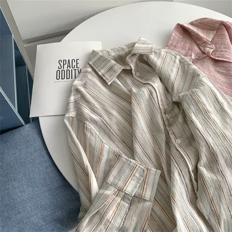 肌理感条纹大口袋长袖衬衫女初秋宽松粉红色大码衬衣外套上衣女潮图片