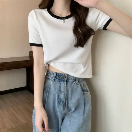 夏季2023年新款显瘦设计感小众短袖女T恤打底衫修身短款白色上衣商品大图