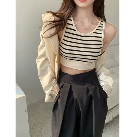 条纹运动吊带背心别致法式针织衫毛衣短款打底衫女内搭带胸垫上衣商品大图