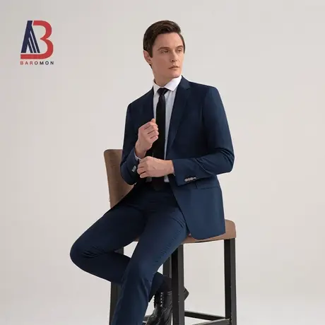 BAROMON/培罗蒙2023秋季新品男士商务修身西装藏蓝色羊毛西服套装图片