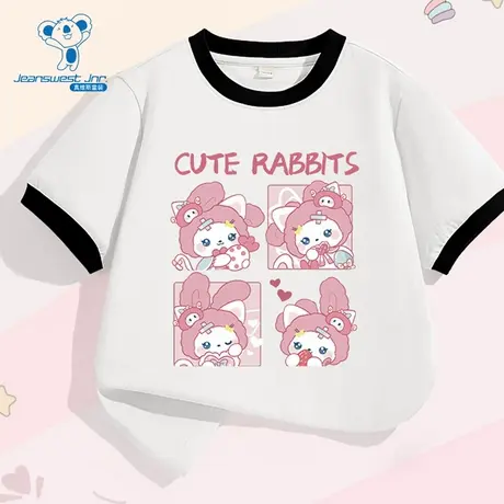 JU真维斯女童2025夏季新款甜美时尚百搭小兔时髦撞色罗纹短袖T恤商品大图