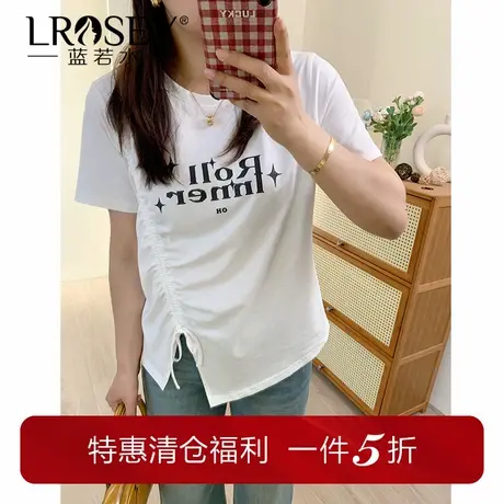 蓝若水大码设计感抽绳不规则印花上衣胖MM夏装别致显瘦甜辣t恤女商品大图