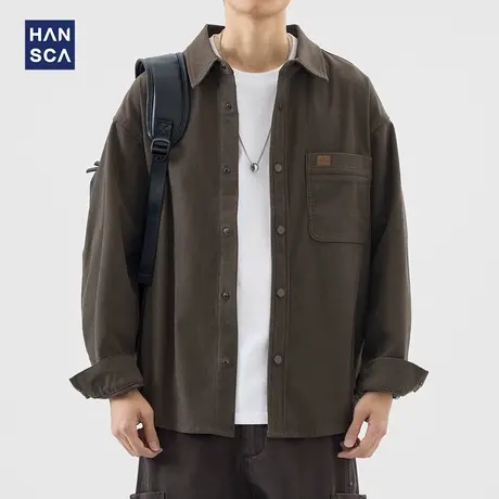 hansca复古灯芯绒长袖衬衫男2024年秋季新款翻领潮牌痞帅衬衣外套商品大图