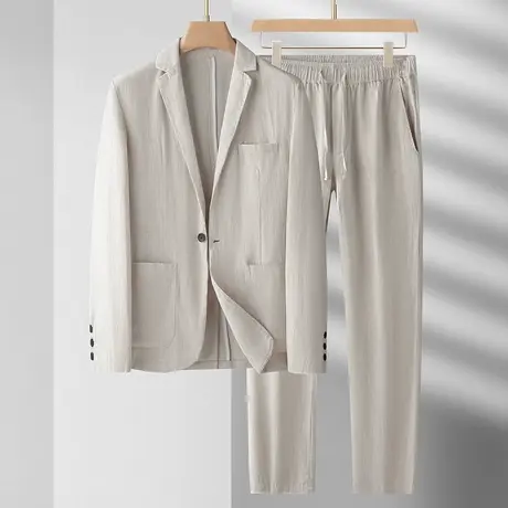 苎麻西装外套男2025春季新款男士浅色休闲裤子西服套装衬衫宽松潮图片