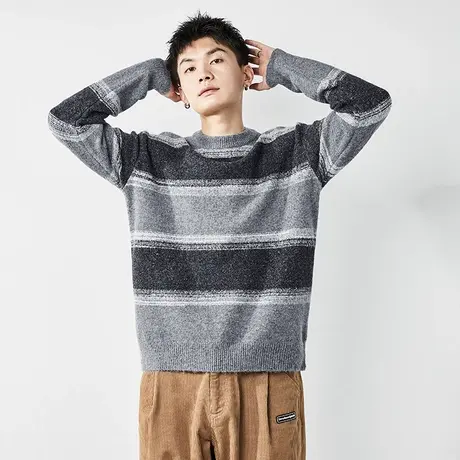 唐狮圆领撞色男士毛衣冬季新款拼接时尚休闲百搭少年感毛线衫图片