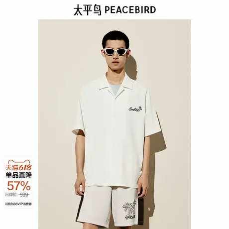 太平鸟男装 短袖衬衫夏季泡泡纱肌理刺绣翻领衬衣潮图片
