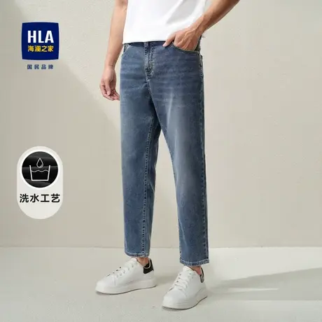 HLA/海澜之家五袋款印花牛仔裤中腰洗水工艺柔软舒适九分裤男图片