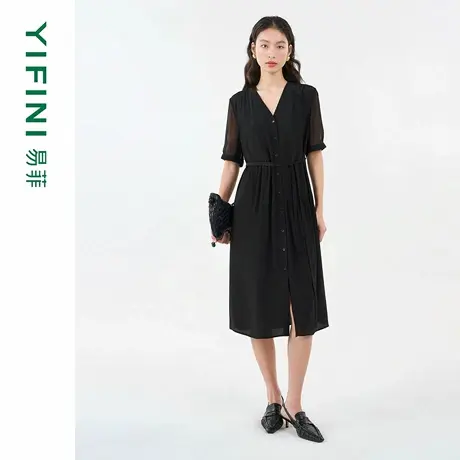[专柜同款]Yifini/易菲100桑蚕丝真丝通勤衬衫裙气质短袖连衣裙女图片