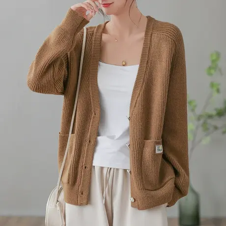 dza复古宽松V领羊毛针织开衫女春秋休闲长袖外搭上衣短款毛衣外套图片