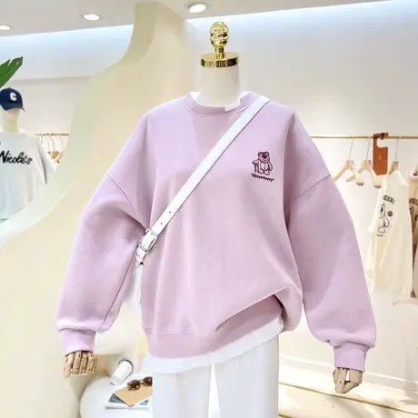 卡通植绒小熊后背图案宽松春秋显瘦减龄拼接假两件圆领套头卫衣女商品大图