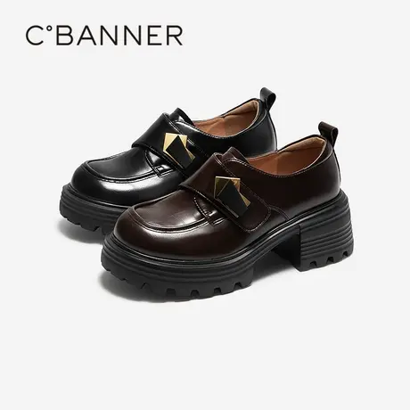 千百度厚底增高漆皮乐福鞋女百搭气质新款黑色小皮鞋扣饰深口单鞋图片