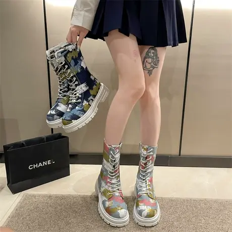 马丁靴女夏季2023年新款夏天短靴厚底粗跟增高设计感小众中筒靴子图片