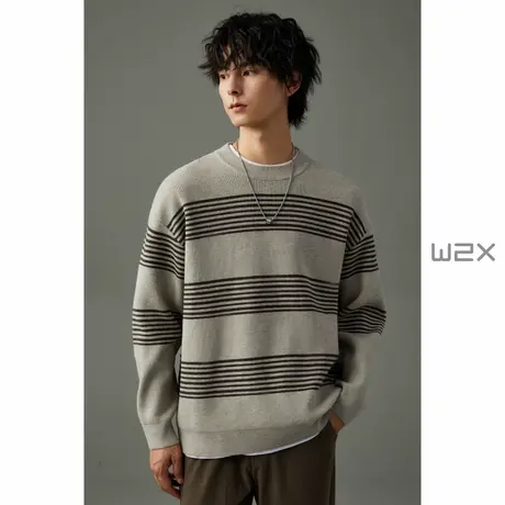 w2x秋冬季男士毛衣2023新款圆领横条纹针织衫高级感内搭毛衫潮流商品大图